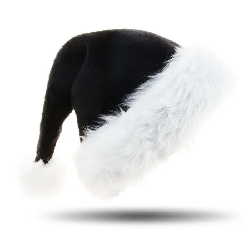 Santa Hat Plush - Unisex Xmas สีดํา Plush หมวกคริสต์มาสสําหรับผู้ใหญ่เด็กสบาย Santa