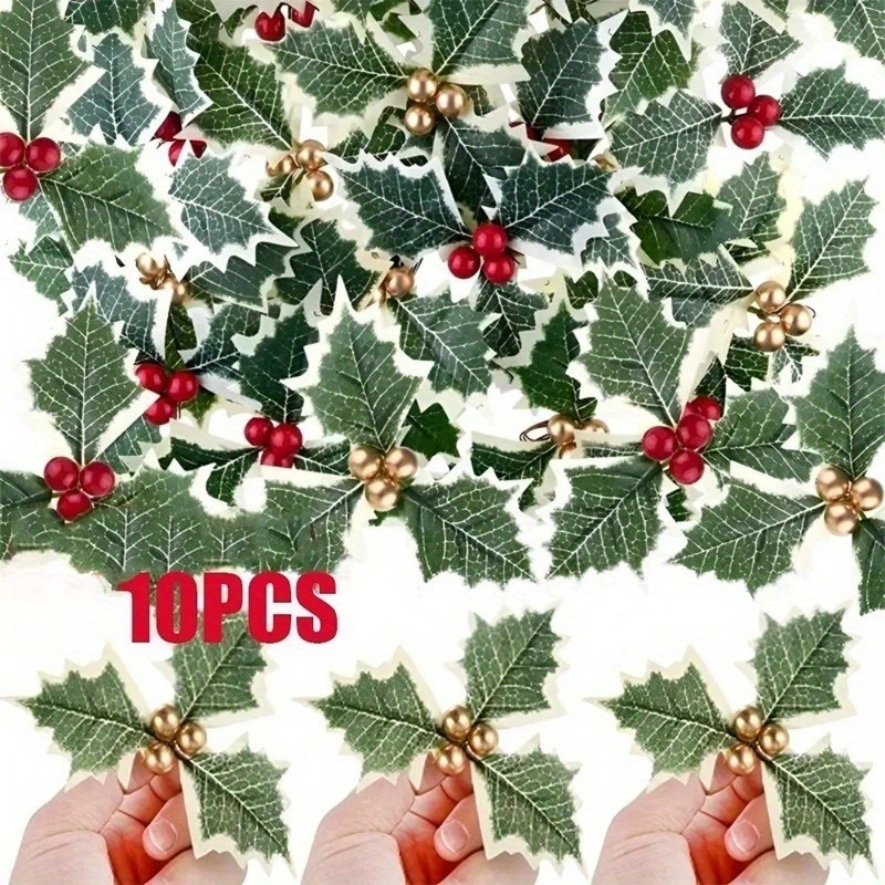 Christmas Wreath Fake - 10 ชิ้น ผลฮอลลี่ประดิษฐ์ ใบไม้สีเขียว สำหรับตกแต่งพวงหรีดคริสต์มาส งานแต่งงาน