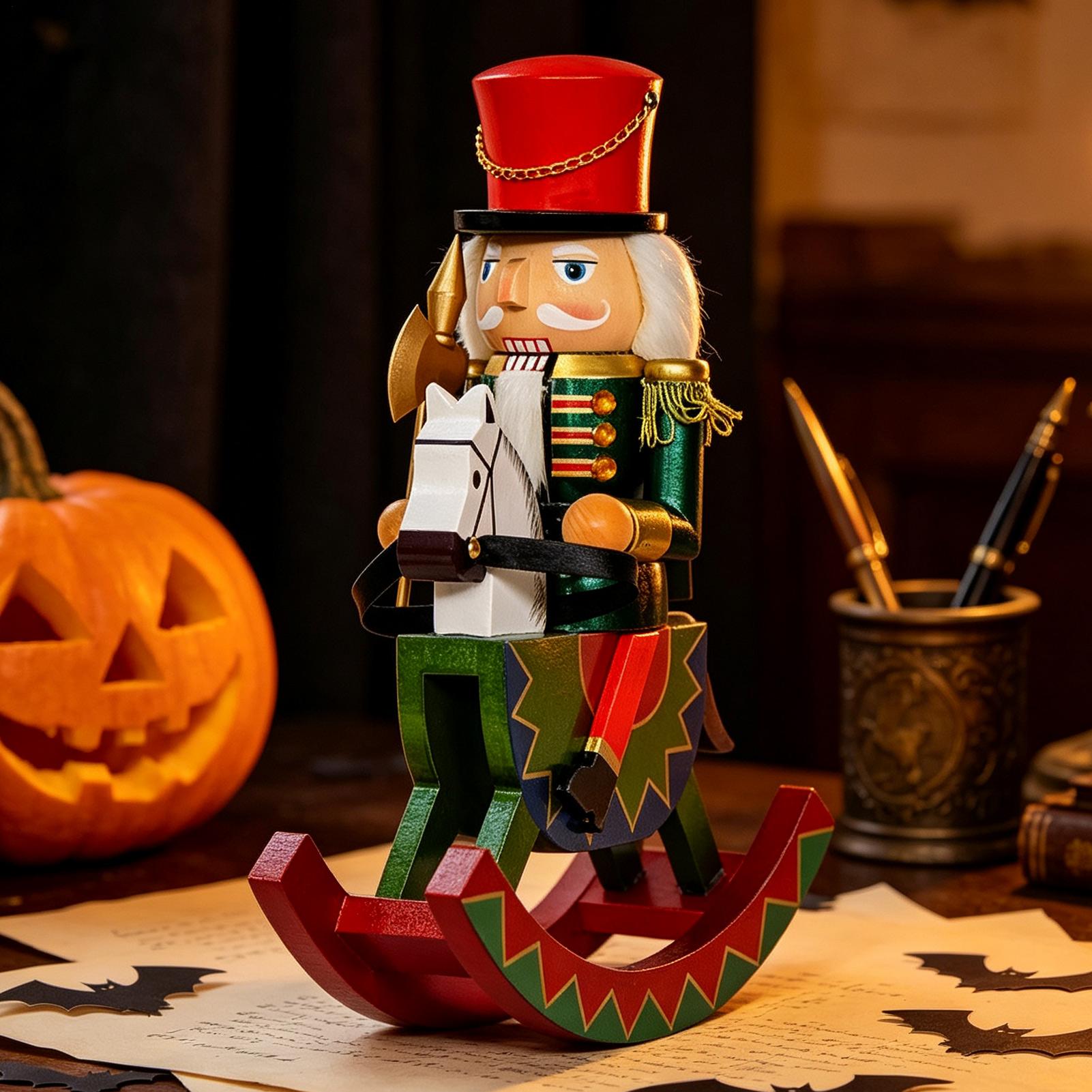 Nutcracker Figurine - ของตกแต่งคริสต์มาส นัทแครกเกอร์ ของประดับตกแต่งเทศกาลสไตล์วินเทจ รูปปั้นนัทแครกเกอร์ไม้บนม้าโยก สำหรับตกแต่งห้องนั่งเล่น