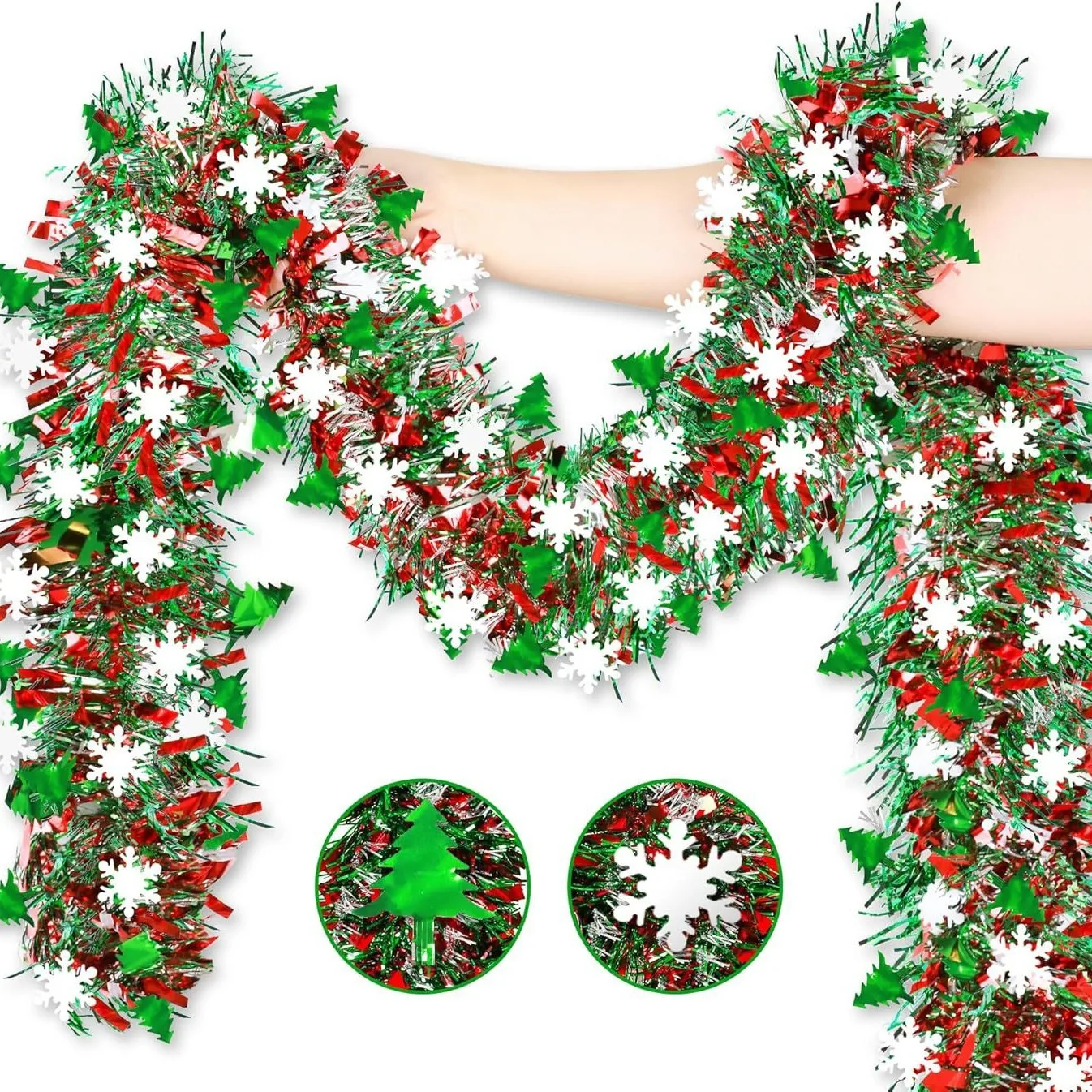 Tinsel Garland Decoration - พวงมาลัยตกแต่งต้นคริสต์มาสแบบเกลียวเมทัลลิก 2 เมตร ลายเกล็ดหิมะ สำหรับตกแต่งงานปีใหม่ แขวนเพดาน