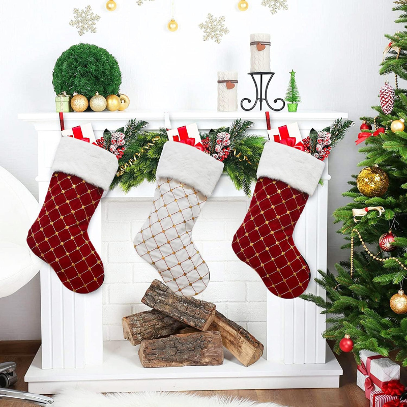 Christmas Stocking Hanging - ถุงเท้าคริสต์มาสขนเฟอร์เทียมลายสก็อตสำหรับแขวนตกแต่งเตาผิงในช่วงเทศกาลวันหยุด ของตกแต่งบ้าน