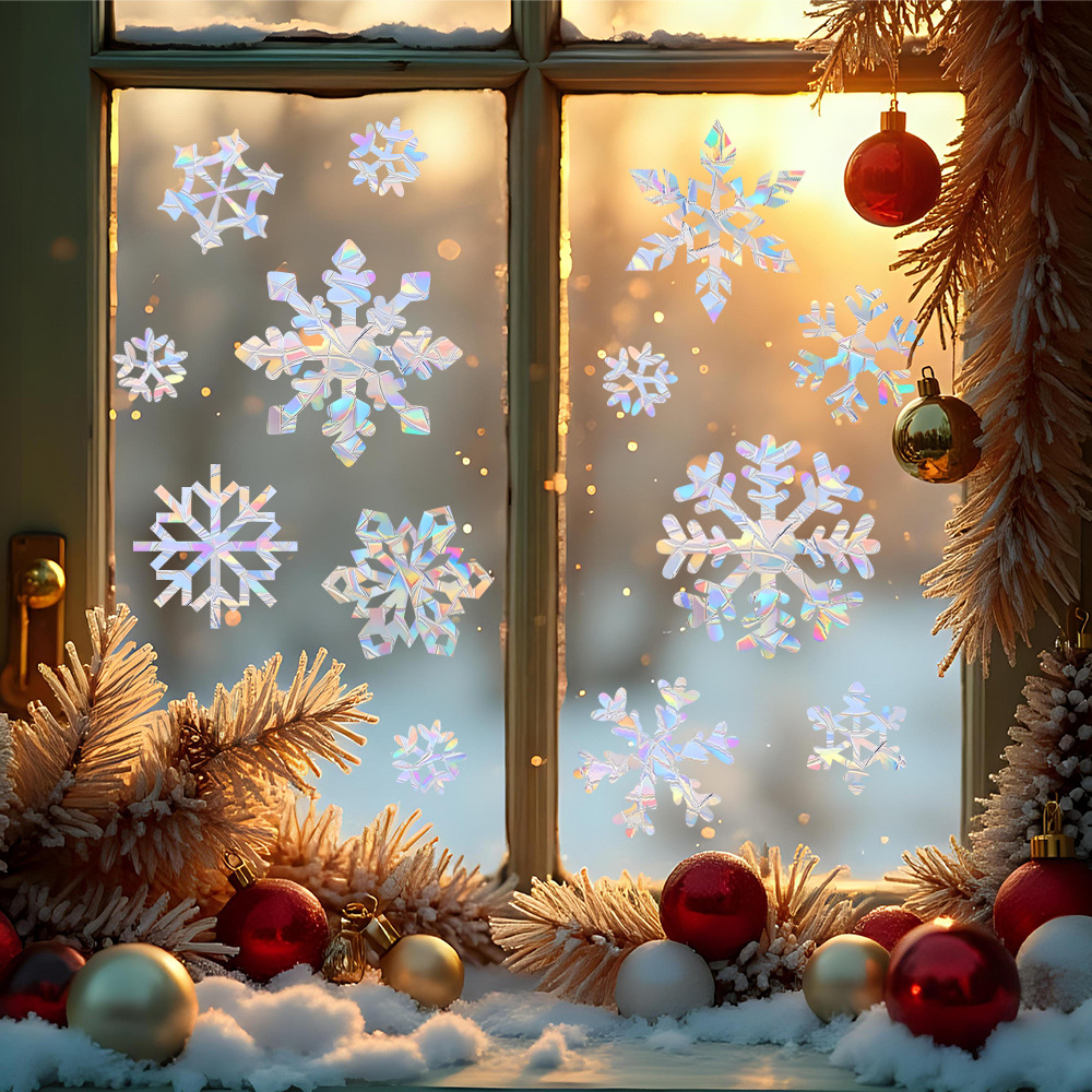 Snowflake Window Decal - สติ๊กเกอร์ติดผนังลายเกล็ดหิมะสีสันสดใสแบบไฟฟ้าสถิต สำหรับตกแต่งหน้าต่างคริสต์มาส ตกแต่งบ้าน วอลเปเปอร์ปีใหม่
