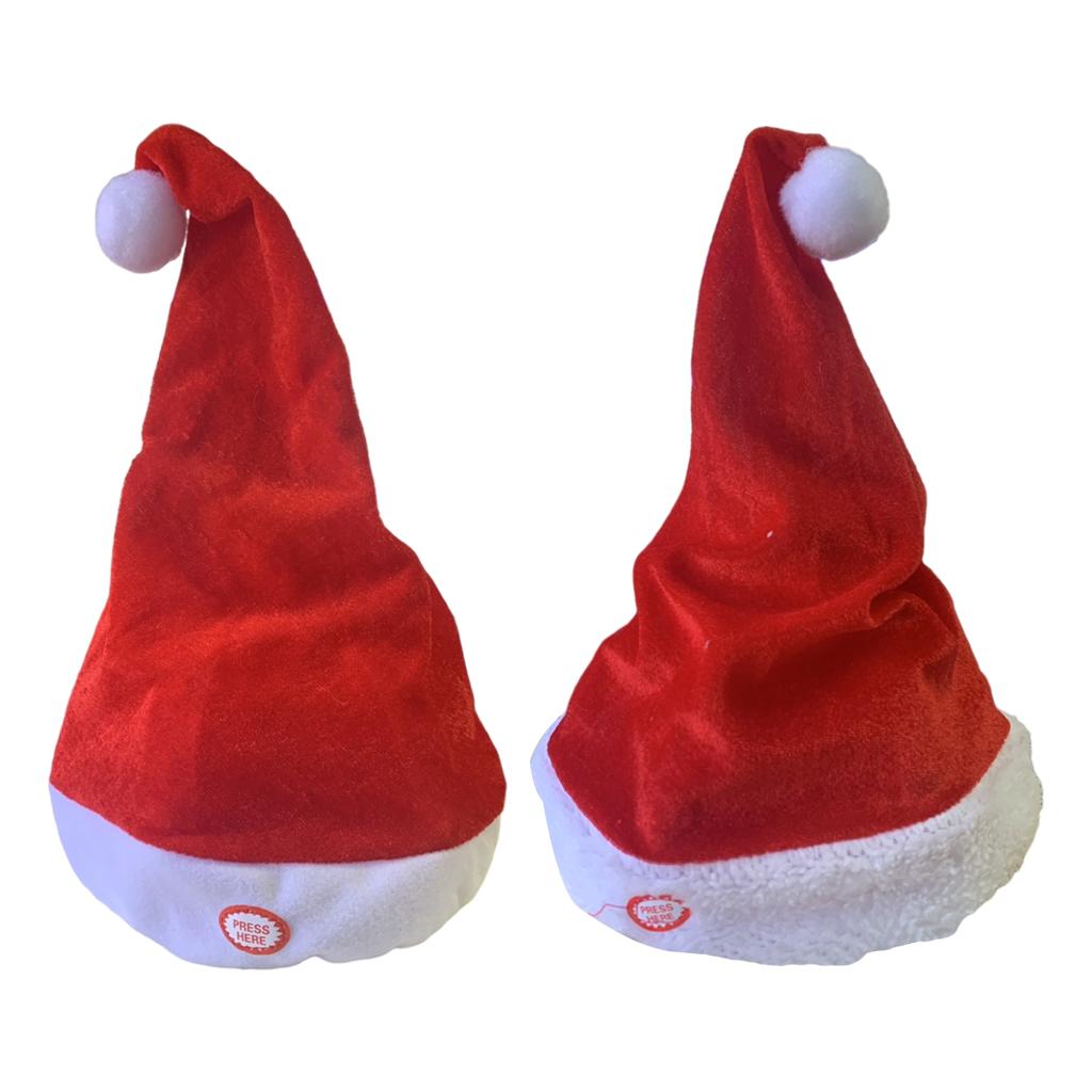 Santa Hat Plush - หมวกคริสต์มาสสำหรับผู้ใหญ่รูปชิงช้าสีแดงขาวสำหรับหมวกซานต้าเต้นรำร้องเพลงแบบมีเสียงเพลง