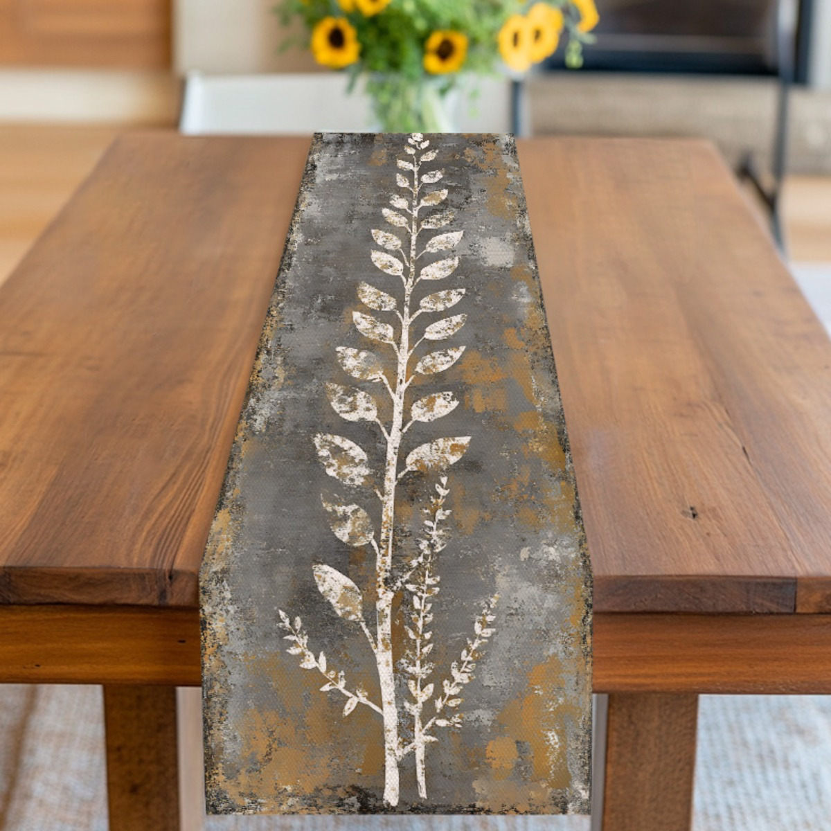 Christmas Table Runner - ผ้าปูโต๊ะลายใบไม้สีเทาขาวสไตล์วินเทจ ของตกแต่งสไตล์ธรรมชาติทันสมัยสำหรับโต๊ะอาหาร โต๊ะกาแฟ ชั้นวางทีวี ห้องครัวในบ้าน
