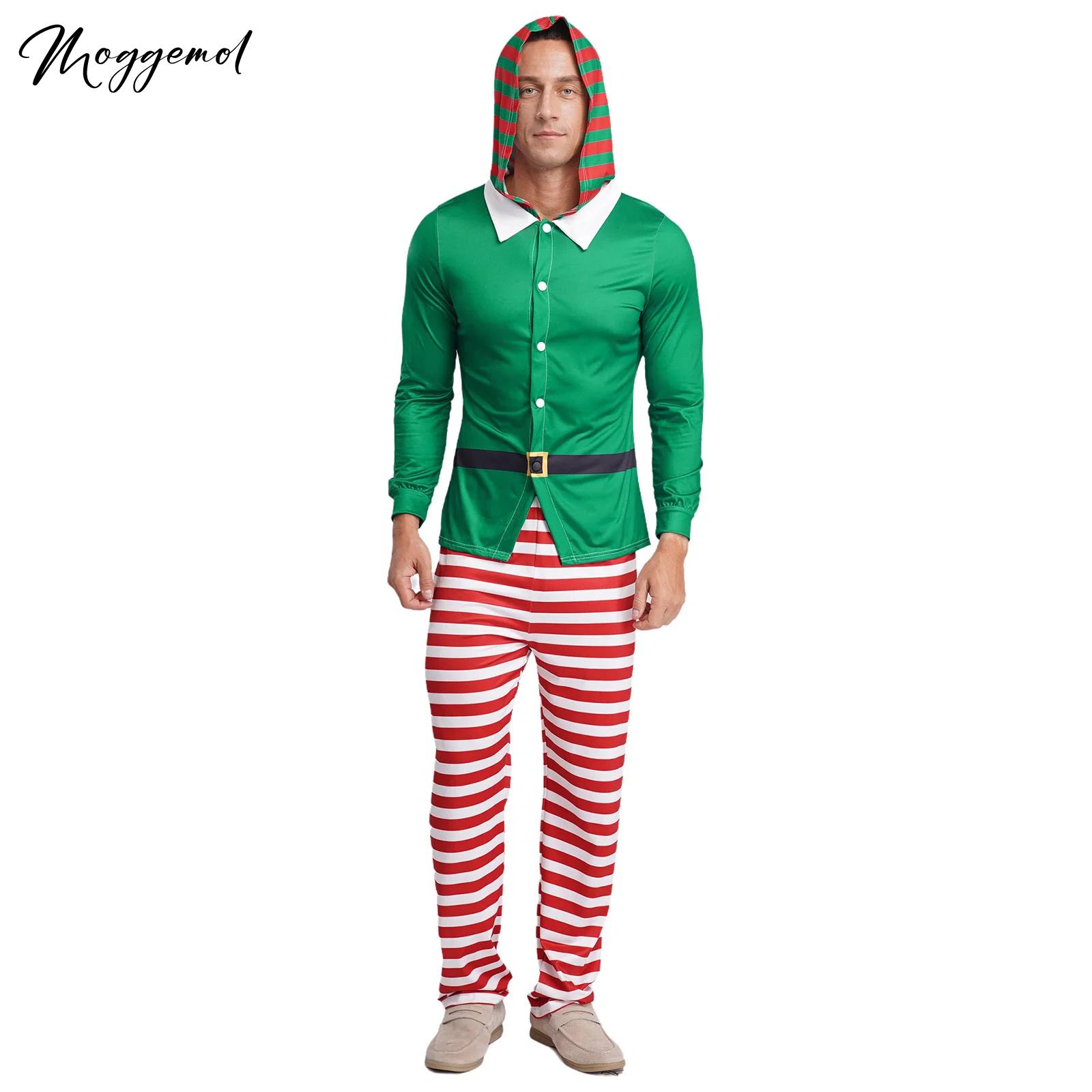 Elf Costume Christmas - ชุดนอนเอลฟ์คริสต์มาสสำหรับผู้ชาย ชุดคอสเพลย์ปาร์ตี้ เสื้อแขนยาวมีฮู้ดและกางเกงลายทาง สำหรับงานเลี้ยงวันคริสต์มาส