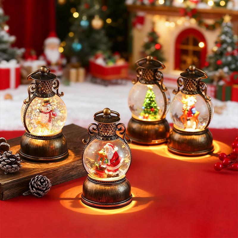 Snow Globe Musical - กล่องดนตรีลูกโลกหิมะสไตล์วินเทจ ใช้พลังงานจาก USB พร้อมฝาปิดหมุนได้ วัสดุเรซิ่นและพีซีเรืองแสงในตัว ประดับตกแต่งด้วยไฟกระพริบและเกล็ดหิมะหมุนวน