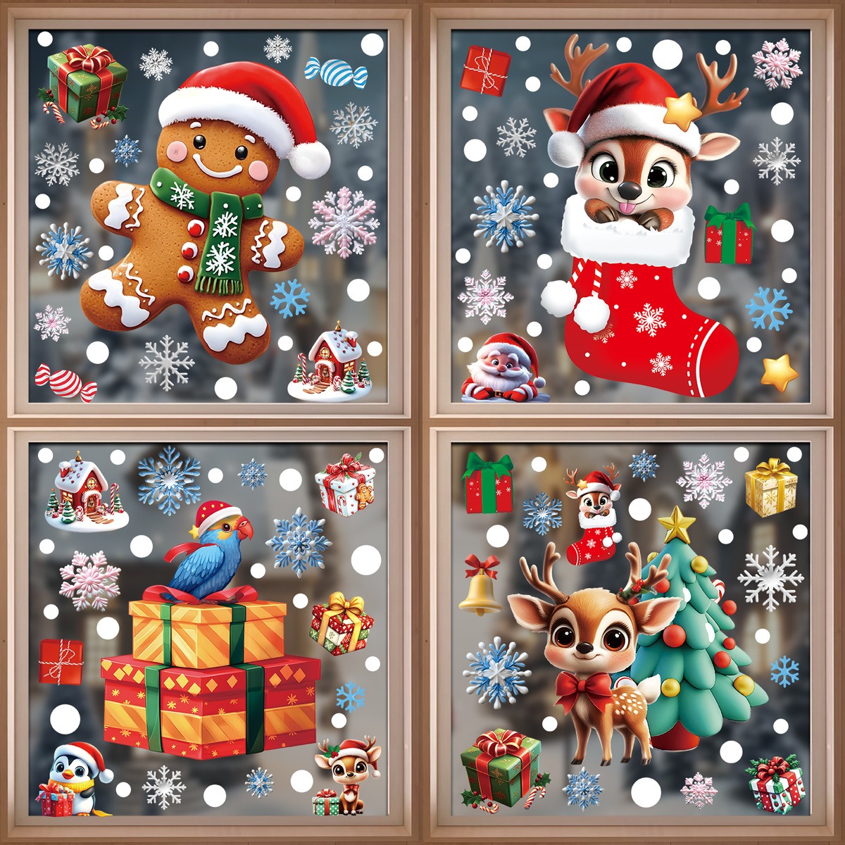 Snowflake Window Decal - สติกเกอร์ติดหน้าต่างคริสต์มาส ลายมนุษย์ขนมปังขิง ซานตาคลอส มนุษย์หิมะ เกล็ดหิมะ สติกเกอร์คริสต์มาส