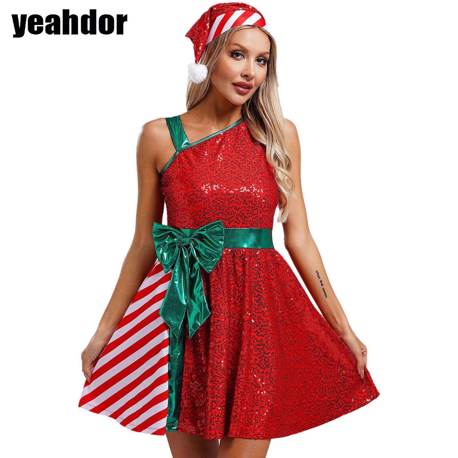 Elf Costume Christmas - ชุดซานตาคลอสสำหรับคริสต์มาส ชุดเอลฟ์ ชุดเดรสแขนกุดลายทางประดับเลื่อมพร้อมโบว์และหมวกซานตาคลอส สำหรับงานปาร์ตี้ฮาโลวีน คริสต์มาส และปีใหม่