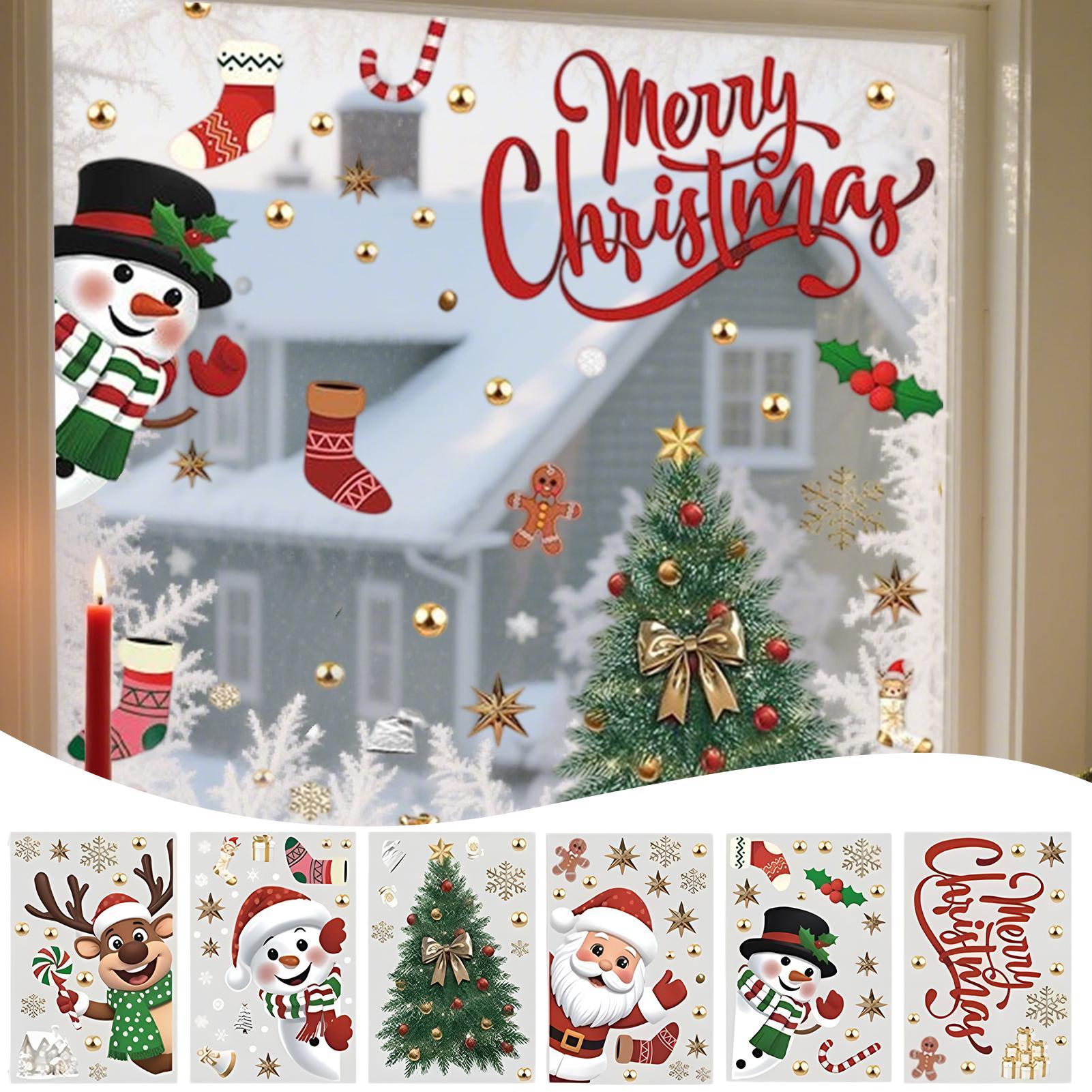 Snowflake Window Decal - สติกเกอร์ติดกระจกสำหรับเทศกาลคริสต์มาส ลายเกล็ดหิมะ ซานตาคลอส กวางเรนเดียร์ ต้นไม้ มนุษย์หิมะ