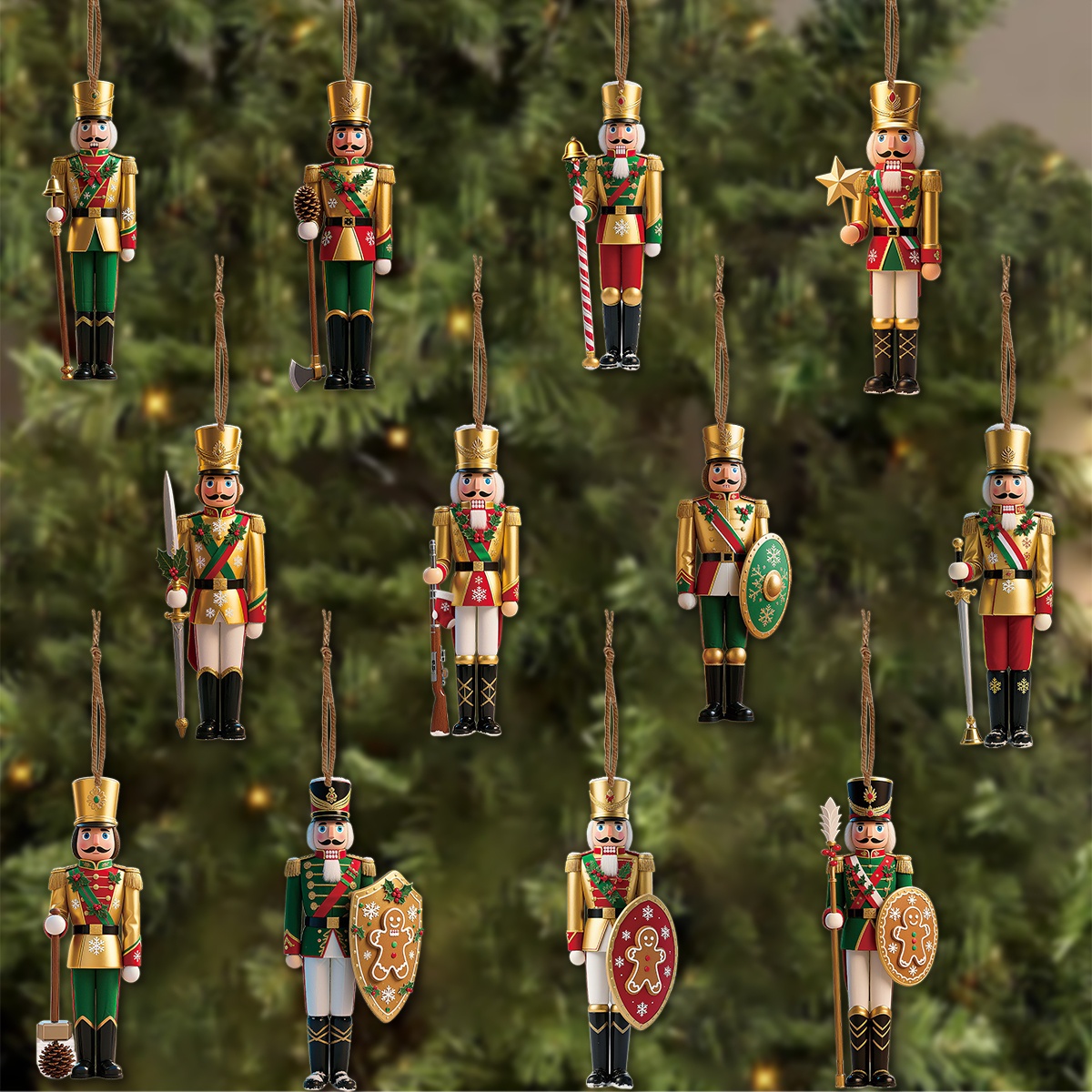Nutcracker Figurine - ของตกแต่งต้นคริสต์มาสรูปทหารนัทแครกเกอร์ไม้แบน 2 มิติ 12 ชิ้น ของประดับแขวนต้นคริสต์มาส