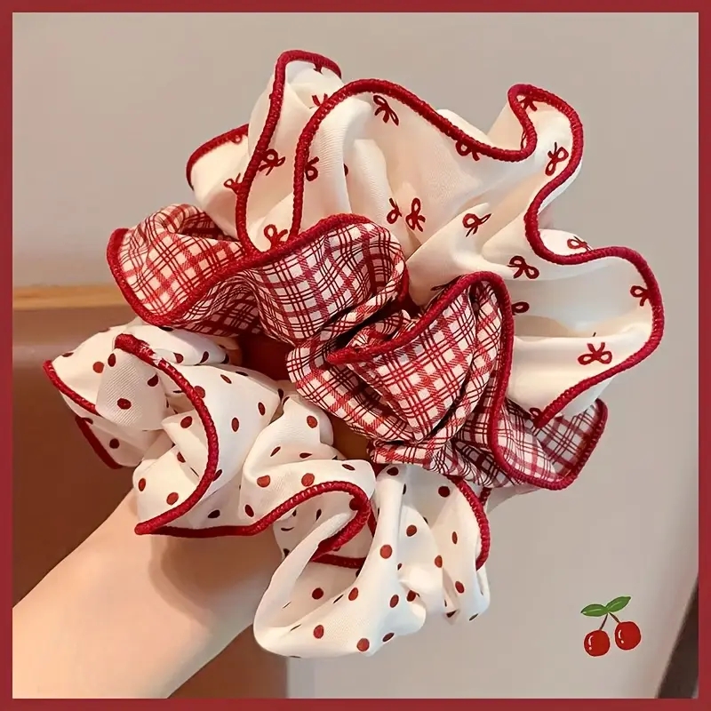 Christmas Throw Blanket - ยางรัดผมลายสก๊อตโบว์สีแดงหวาน 3 ชิ้น สำหรับผู้หญิง ยางรัดผมแบบนุ่ม ยืดหยุ่น