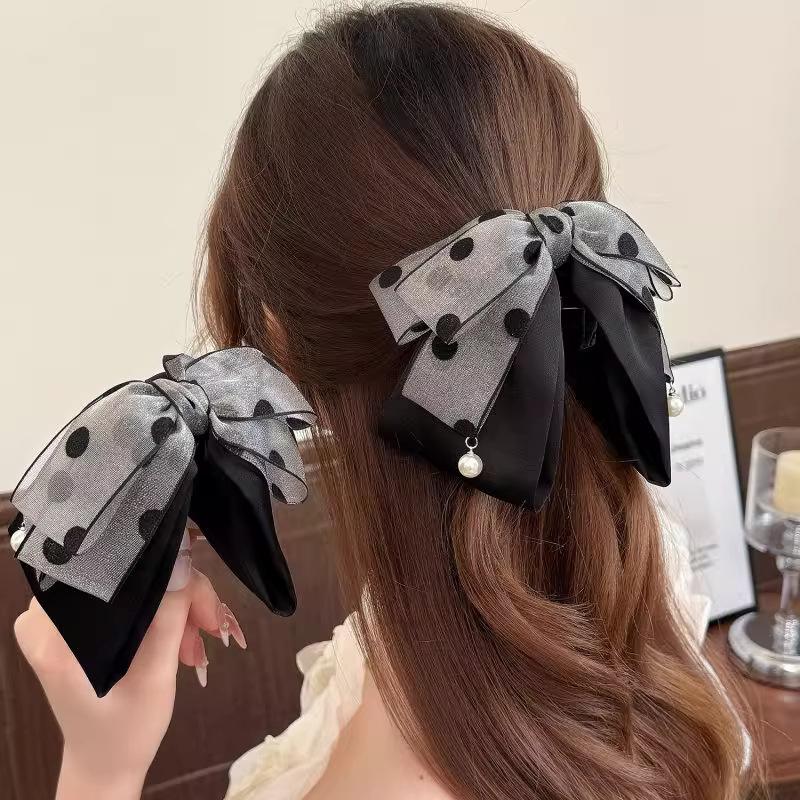 Ribbon Bow Gift - กิ๊บติดผมลายจุดสีเทาสุดหรูสำหรับผู้หญิงและเด็กผู้หญิง ดีไซน์สวยมีระดับ ใช้สำหรับรวบผมหางม้า แฟชั่นเครื่องประดับผม ของขวัญ