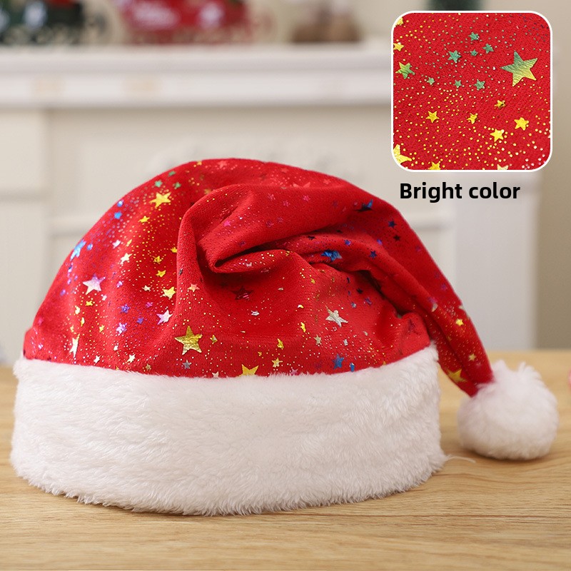 Santa Hat Plush - หมวกซานต้าสำหรับผู้ใหญ่พร้อมลายดาวหลากสี ขอบหมวกทำจากผ้าพลัชเนื้อนุ่ม ตกแต่งด้วยพู่ขนาดใหญ่ อุปกรณ์เสริมสำหรับชุดแฟนซีในงานปาร์ตี้คริสต์มาสและตกแต่งบ้าน