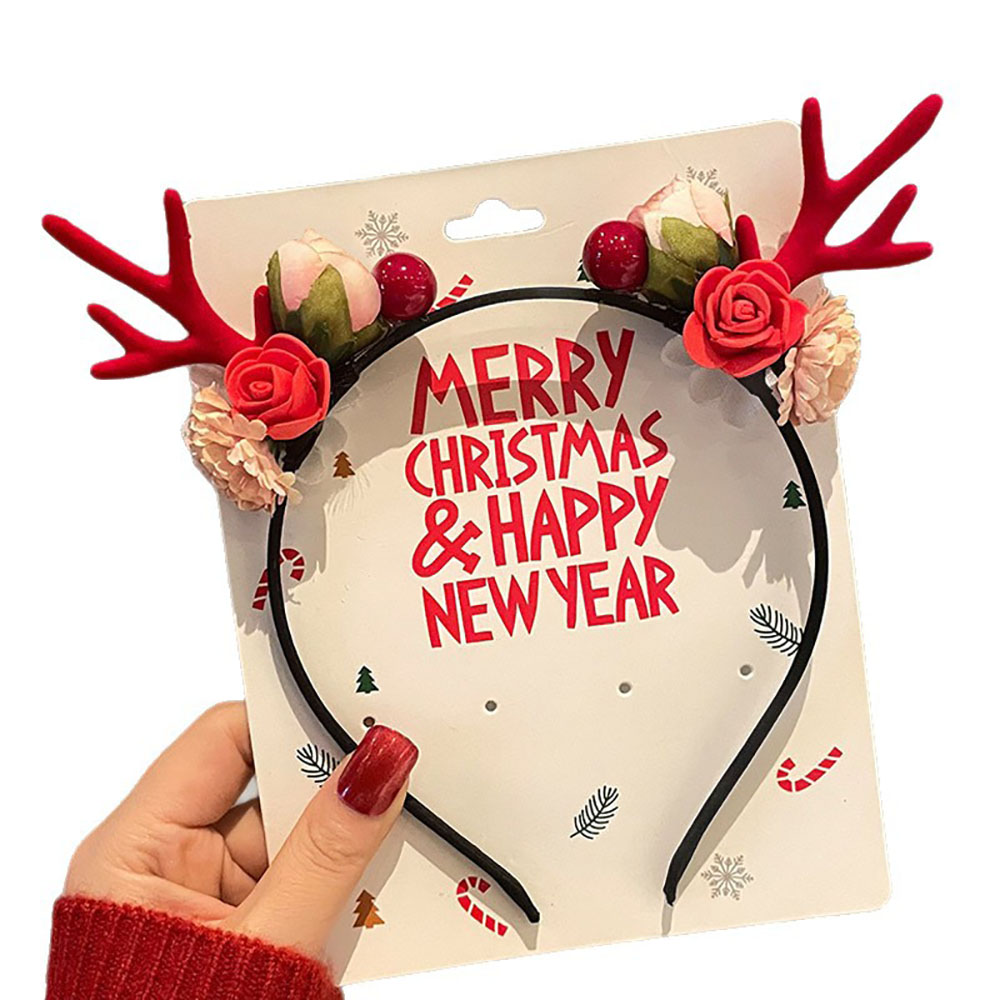 Reindeer Antlers Headband - ที่คาดผมกำมะหยี่น่ารัก ที่คาดผมคริสต์มาสลายเขากวางเรนเดียร์ ที่คาดผมกำมะหยี่สีแดงรักษ์โลก