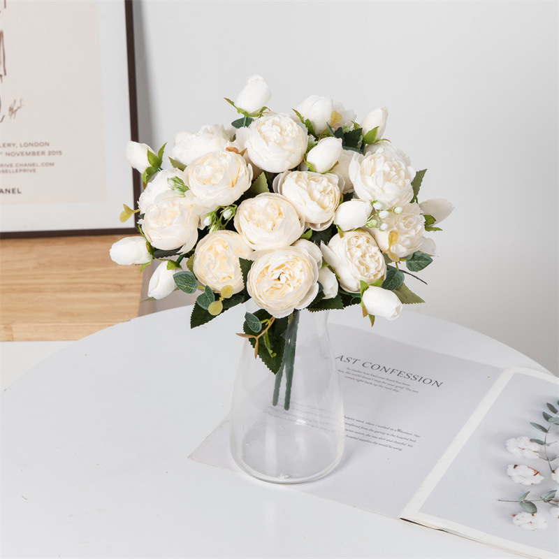 Christmas Wreath Fake - ดอกไม้ประดิษฐ์ปลอมผ้าไหมสีขาว Peonies ใช้สําหรับ Home Room แจกันตกแต่งพวงหรีดคริสต์มาส