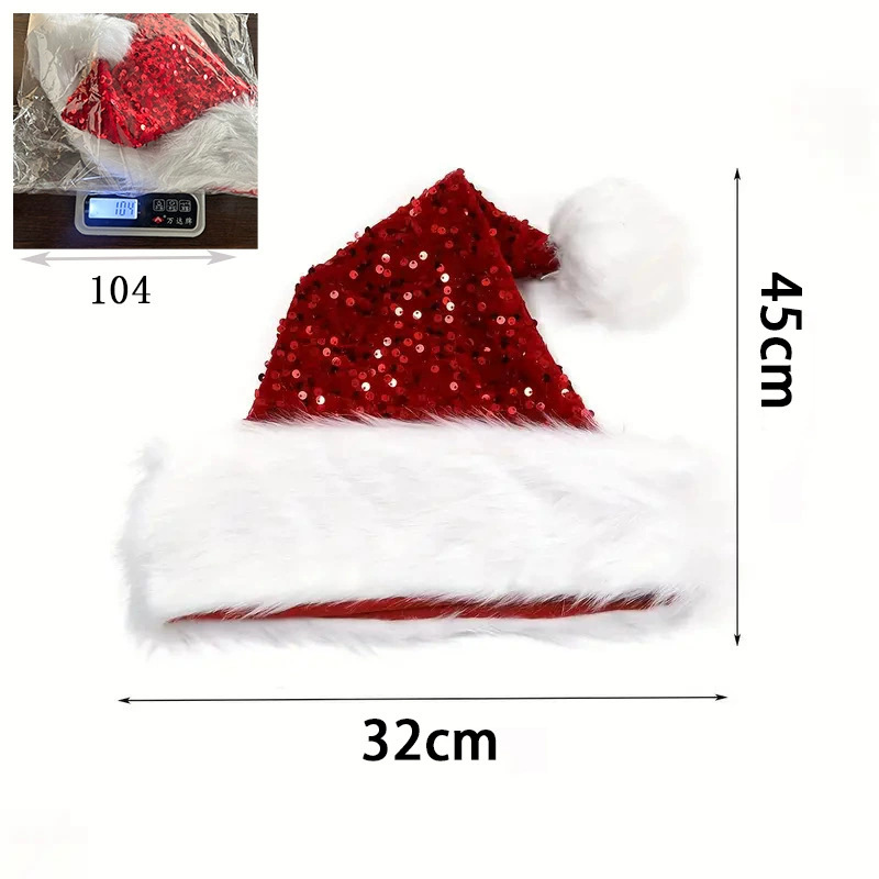 Santa Hat Plush - หมวกคริสต์มาสประดับเลื่อม หมวกซานตาคลอสสีพื้นแวววาวพร้อมพู่ขนยาว สำหรับผู้ใหญ่และเด็ก ตกแต่งงานปาร์ตี้คริสต์มาส