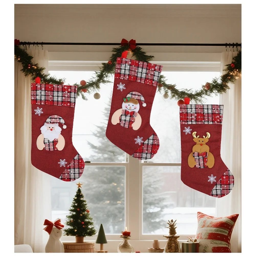 Christmas Stocking Hanging - ถุงของขวัญคริสต์มาส 1 ชิ้น ผ้าลายการ์ตูน ถุงผ้ากระสอบ ตกแต่งวันหยุด