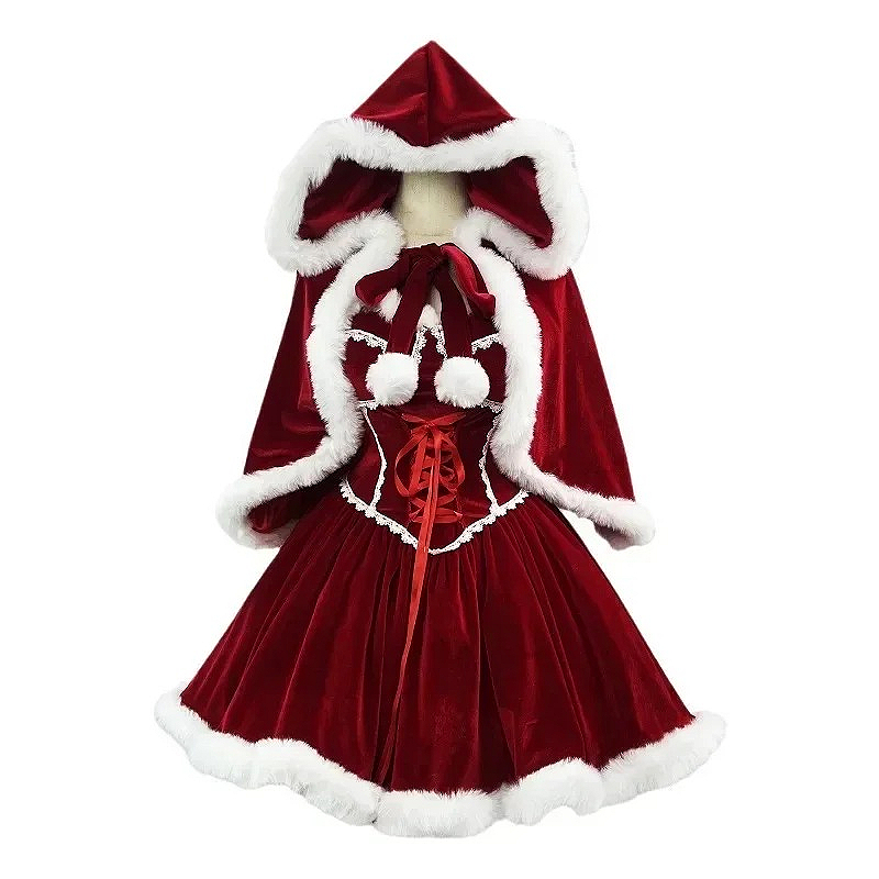 Elf Costume Christmas - ชุดคลุมสีแดงปีใหม่ คอสเพลย์ ชุดคลุมไซส์ใหญ่ เสื้อคลุมผู้หญิง ชุดเล่นบทบาทสมมติ ชุดเต็มเซ็ต