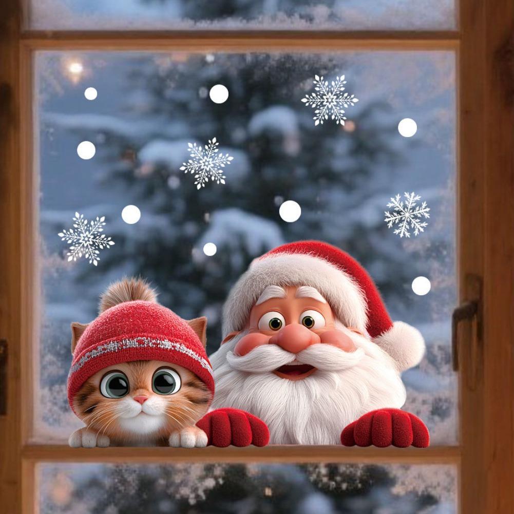 Snowflake Window Decal - สติ๊กเกอร์ติดกระจกคริสต์มาส 2 ชิ้น ลายตกแต่งวันหยุดในร่ม ลายเกล็ดหิมะ ซานตาคลอส