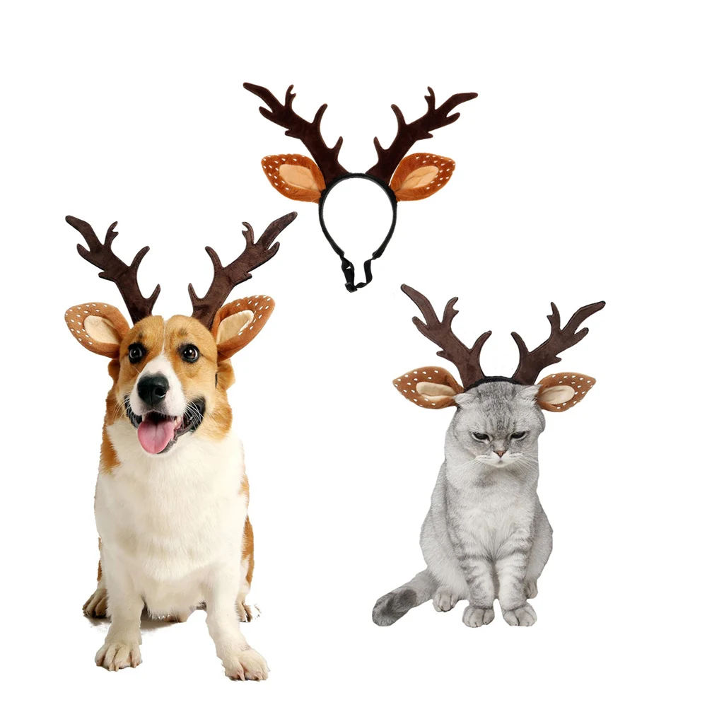 Reindeer Antlers Headband - ที่คาดผมรูปหัวสุนัข หมวกแฟนซีรูปกวาง หมวกคริสต์มาสสำหรับสัตว์เลี้ยง ที่คาดผมเขากวาง หมวกกวางเรนเดียร์แบบปรับได้ เครื่องประดับศีรษะสำหรับสุนัขและแมว