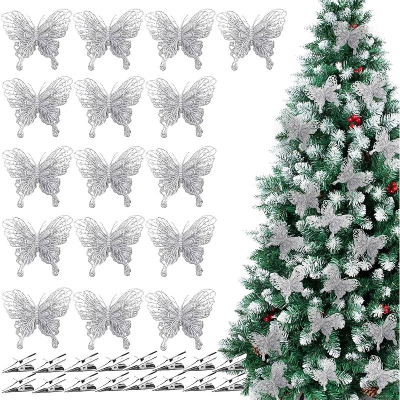 Christmas Wreath Fake - กิ๊บติดผมรูปผีเสื้อกลวงประดับกลิตเตอร์สีเงิน ผีเสื้อประดิษฐ์สำหรับตกแต่งต้นคริสต์มาส พวงหรีด งานแต่งงาน วันคริสต์มาส ของตกแต่งบ้านในวันหยุด