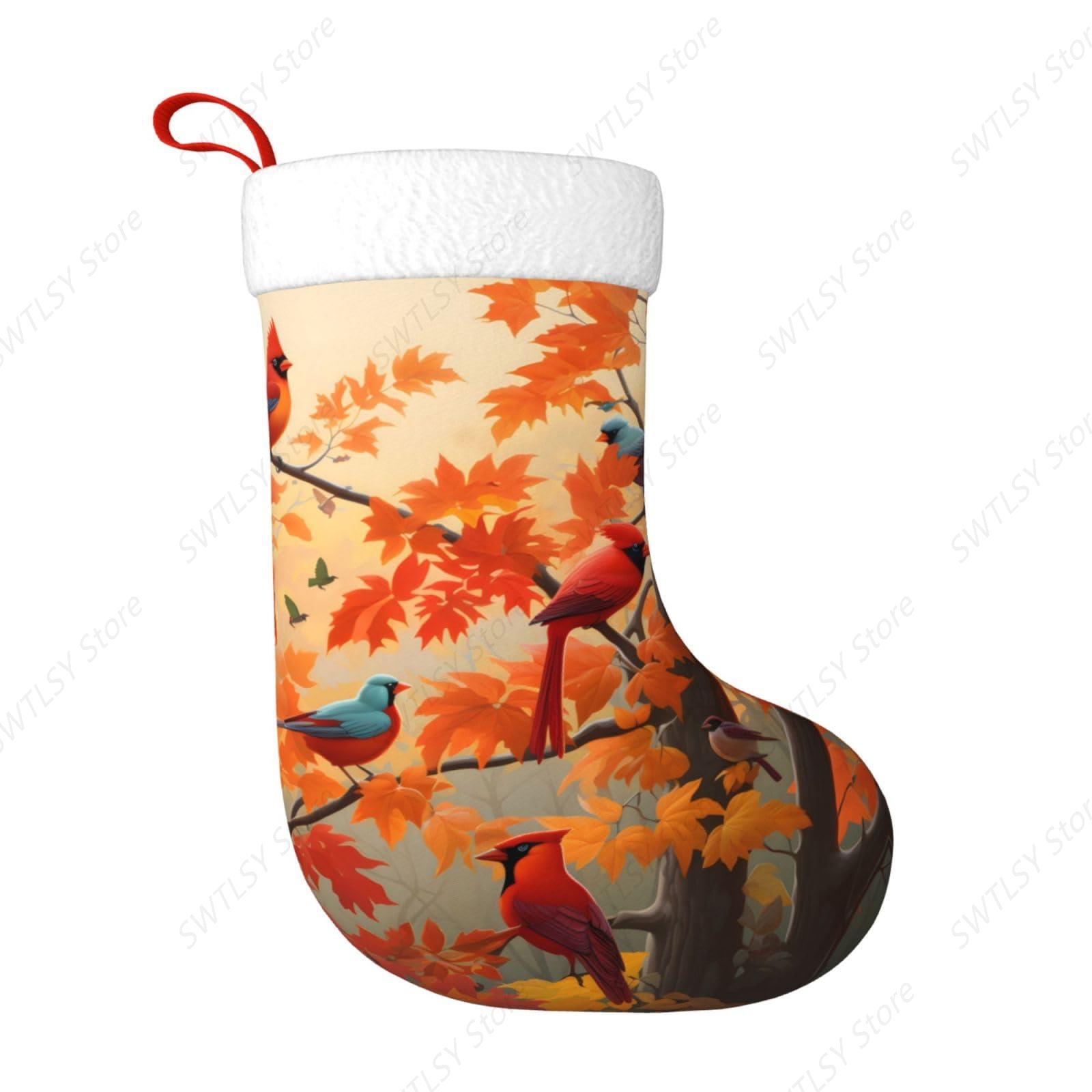 Christmas Stocking Hanging - ถุงเท้าคริสต์มาสลายนกคาร์ดินัลและใบเมเปิลขนาดใหญ่ 17.7 นิ้ว สำหรับแขวนตกแต่งเตาผิง