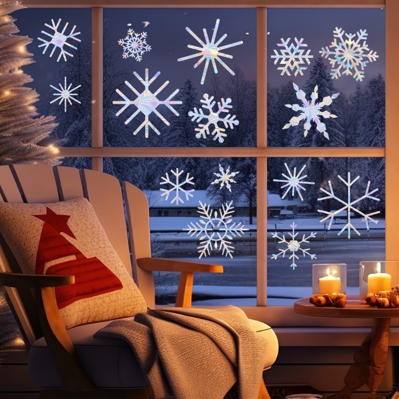 Snowflake Window Decal - สติ๊กเกอร์ติดกระจกตกแต่งบ้านลายเกล็ดหิมะคริสต์มาส รุ้ง ปริซึม แสงอาทิตย์ วัสดุ PVC